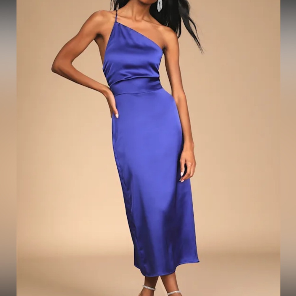 NWT Lulus Call Me Confident Blue Satin One-Shoulder Lace-Up Midi Dress